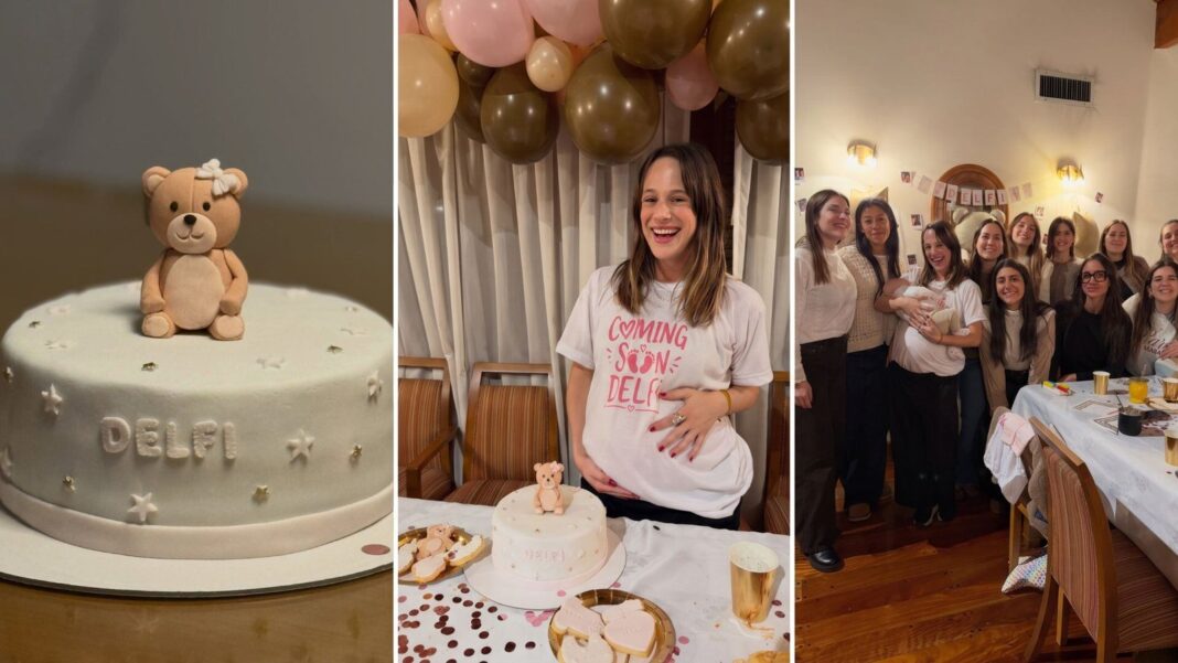 Mica Lapegüe en su baby shower sorpresa, rodeada de globos y decoración rosa