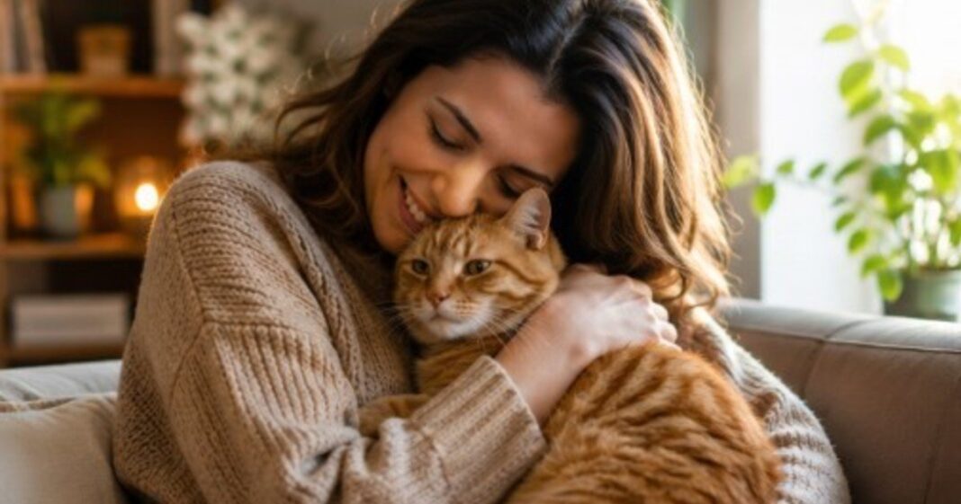 Gato atigrado acostado junto a una persona