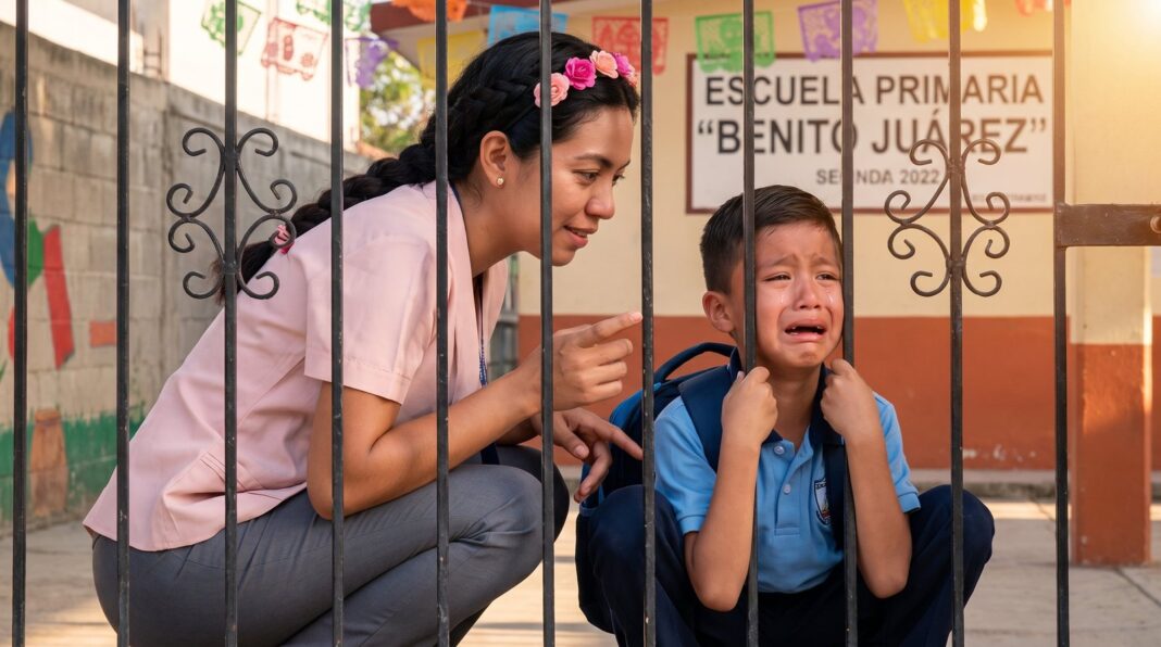 Niño llorando al entrar a la escuela con su madre