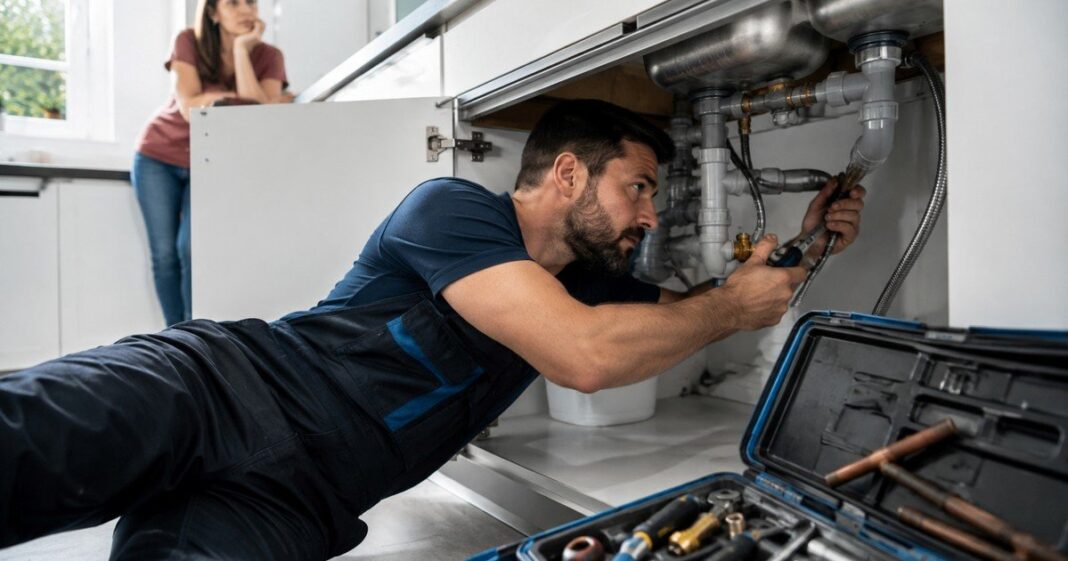 Emmanuelle Moccia, fontanero, realizando una instalación en un edificio