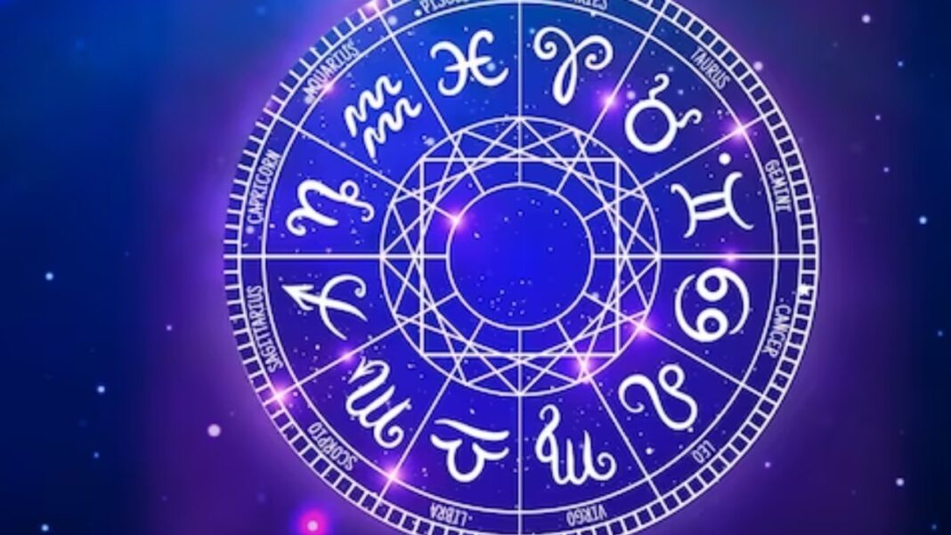 Ilustración de signos del zodíaco con fondo estelar