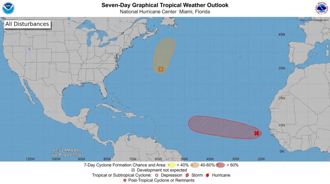 Mapa satelital del Atlántico con Invest 96L y Invest 95L