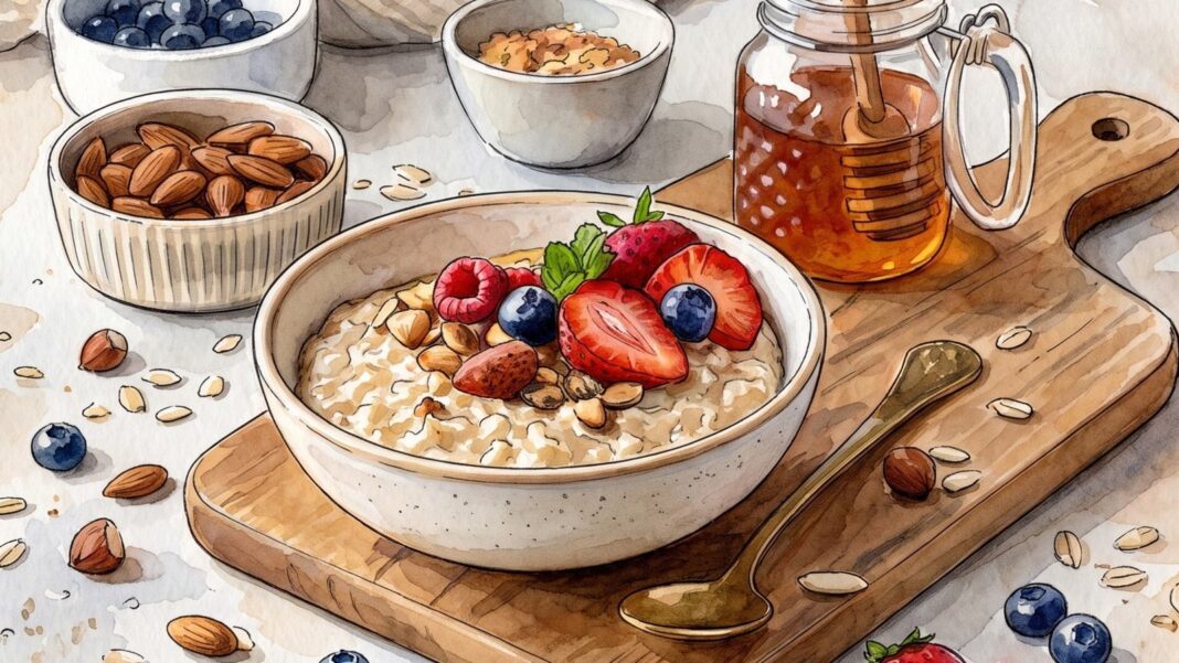 Avena con nueces y frutos rojos en un tazón