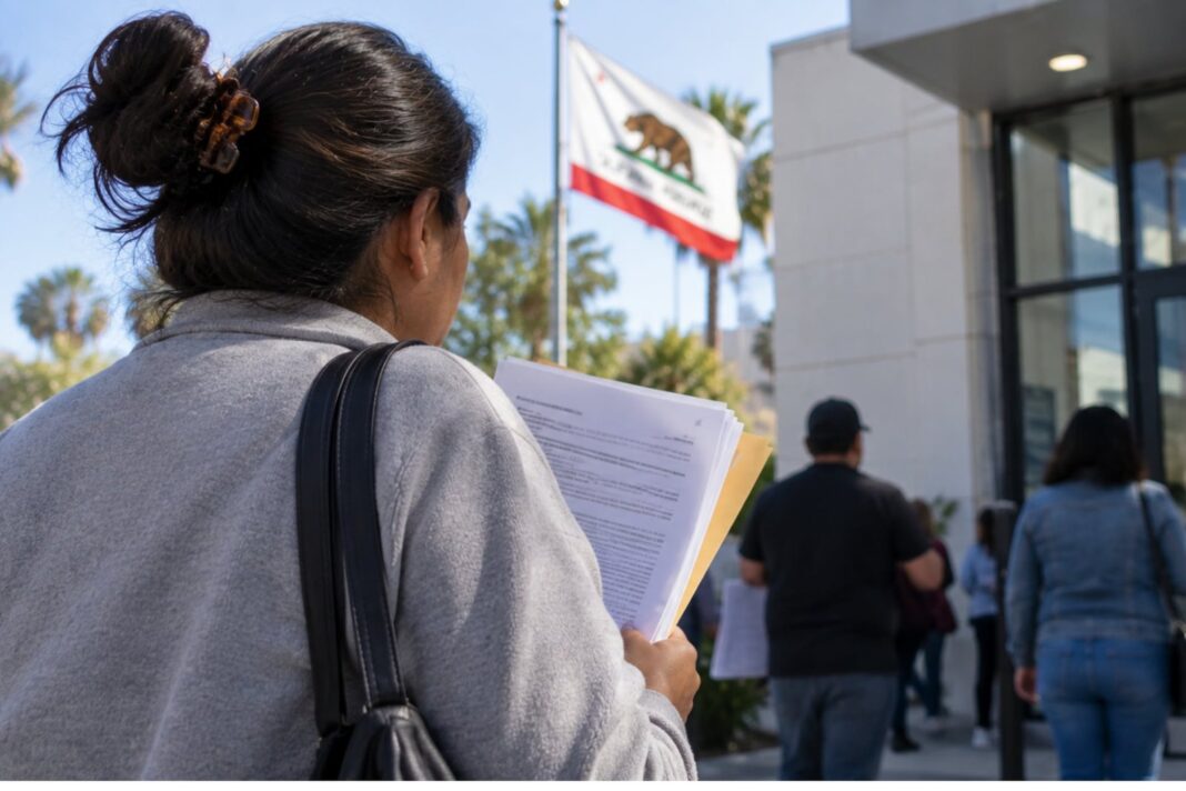 Persona revisando documentos sobre programas de asistencia para inmigrantes en California