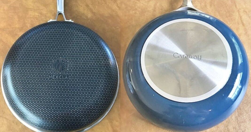 Sartenes de las marcas Caraway y HexClad sobre una cocina