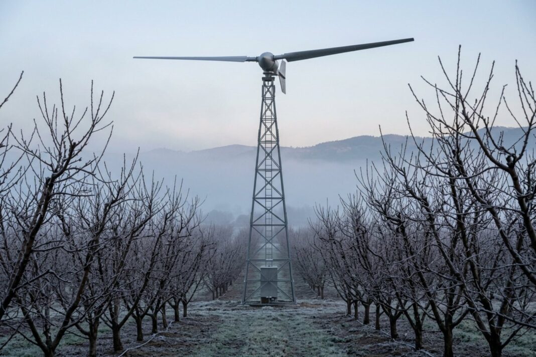 Torre con ventilador gigante en un campo de frutales
