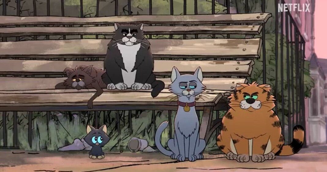 Escena de la serie animada Gatos callejeros con Ricky Gervais