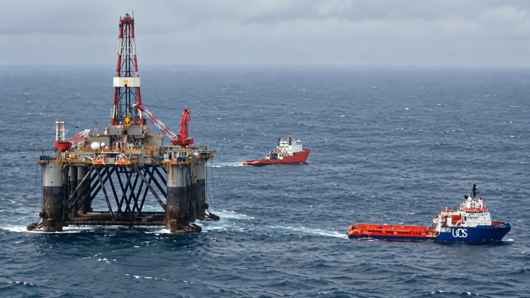 Plataforma petrolera marina en el océano, representando el proyecto Sea Lion en Malvinas