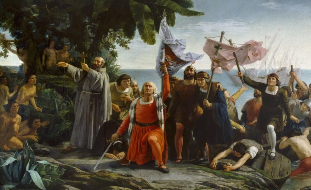 Mapa de América con la ruta del primer viaje de Cristóbal Colón y las embarcaciones Santa María, Pinta y Niña