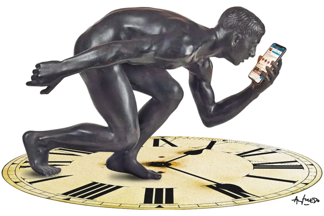 Reloj y silueta de persona corriendo, representando la aceleración social
