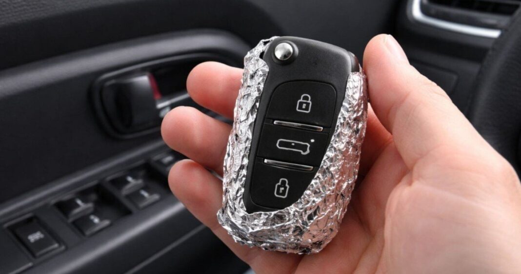 Llave de auto envuelta en papel aluminio sobre una mesa