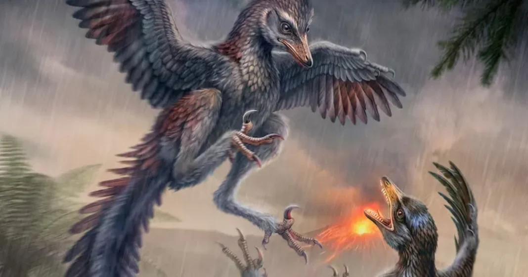 Recreación artística del Yuezhuornis yangyuanensis, un ave primitiva del Jurásico tardío con dientes y garra de dinosaurio