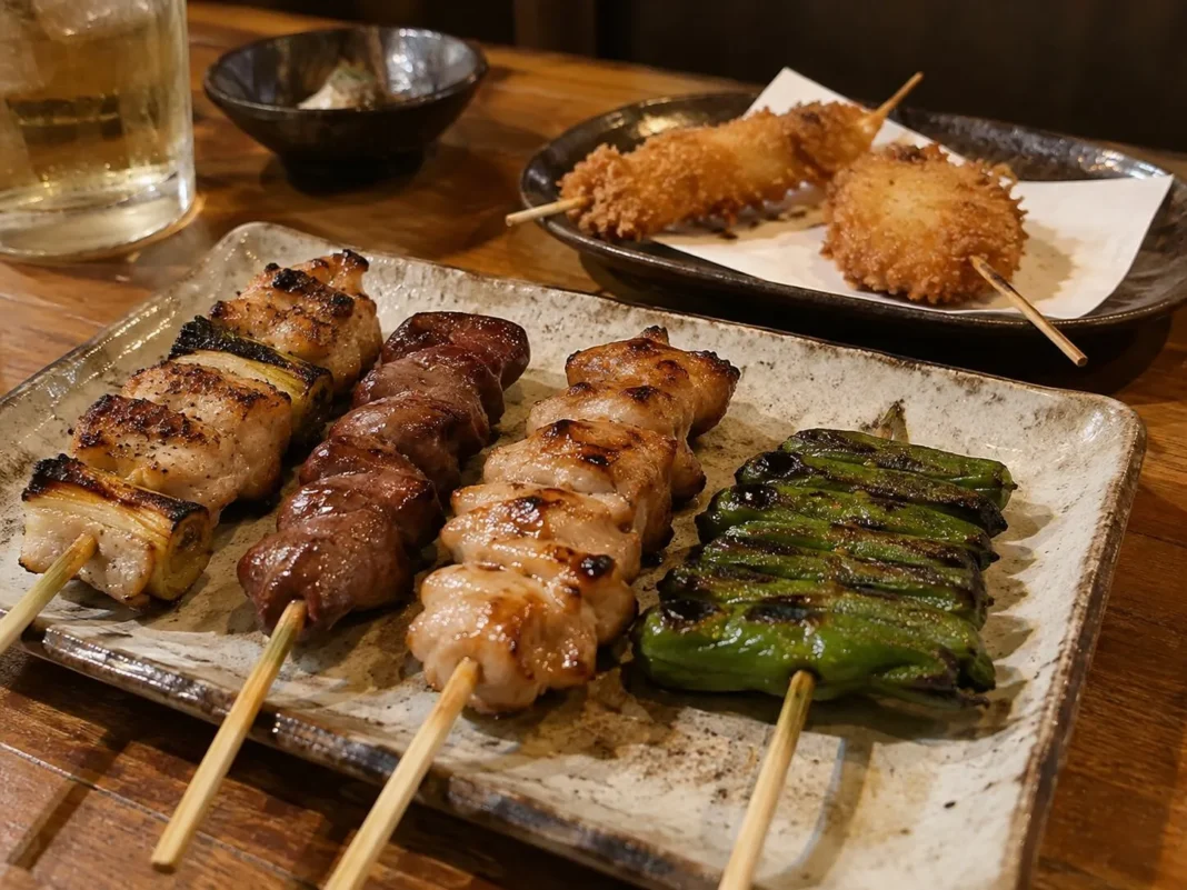 Brochetas japonesas kushi en un plato