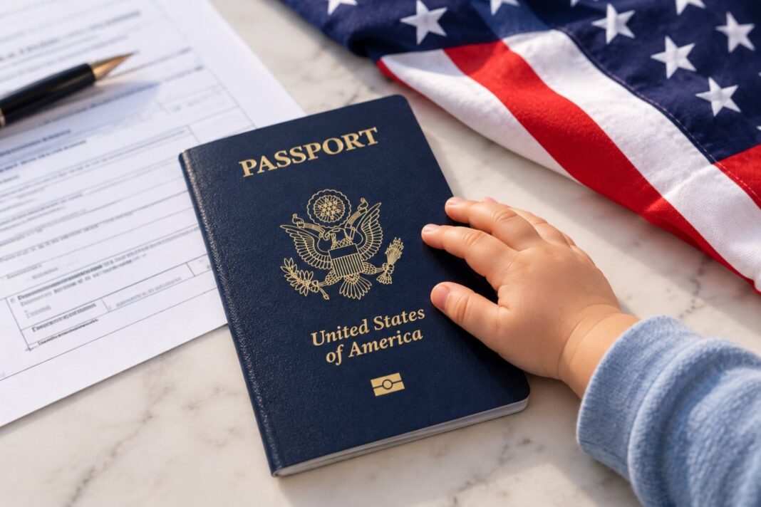 Sello del Departamento de Estado de Estados Unidos sobre un pasaporte estadounidense