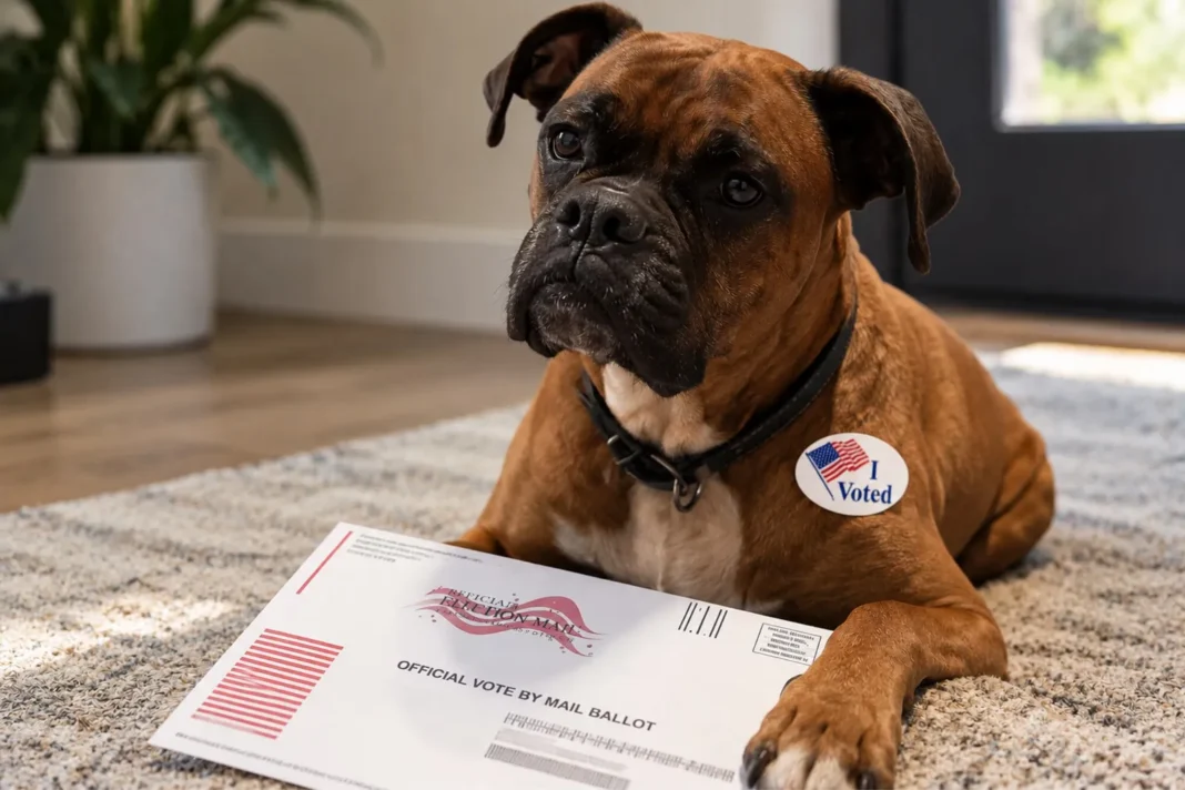 Fotografía de una perra junto a una boleta electoral y una calcomanía con la frase 'Yo voté'