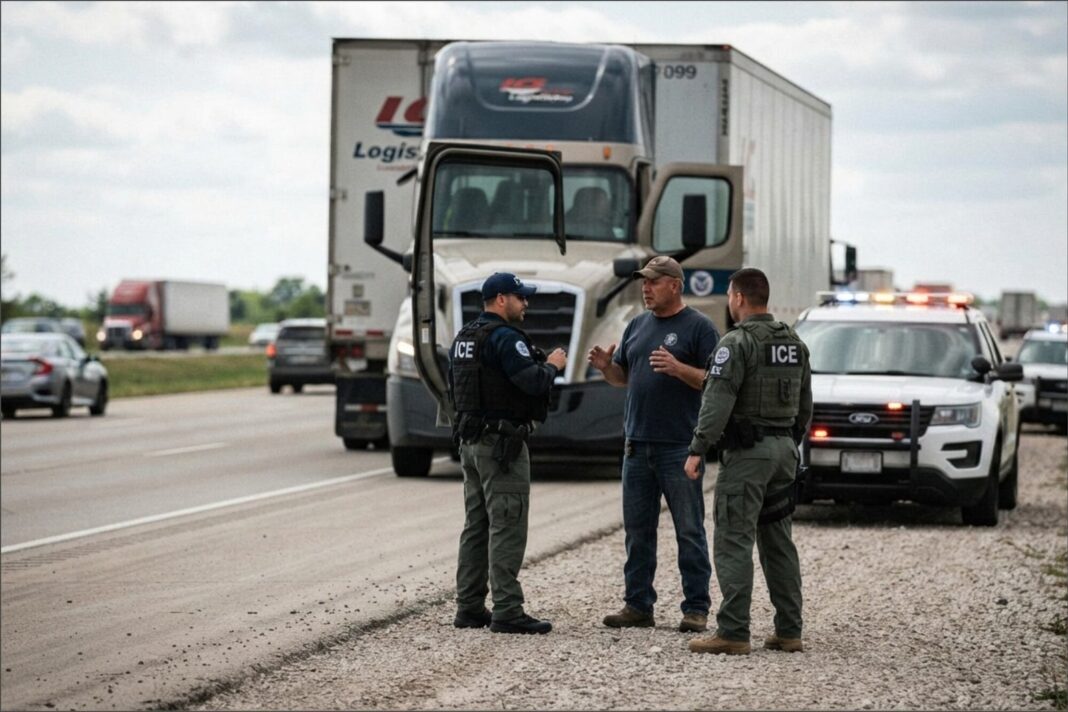 Agentes del ICE revisan documentos de camioneros en una carretera de Illinois