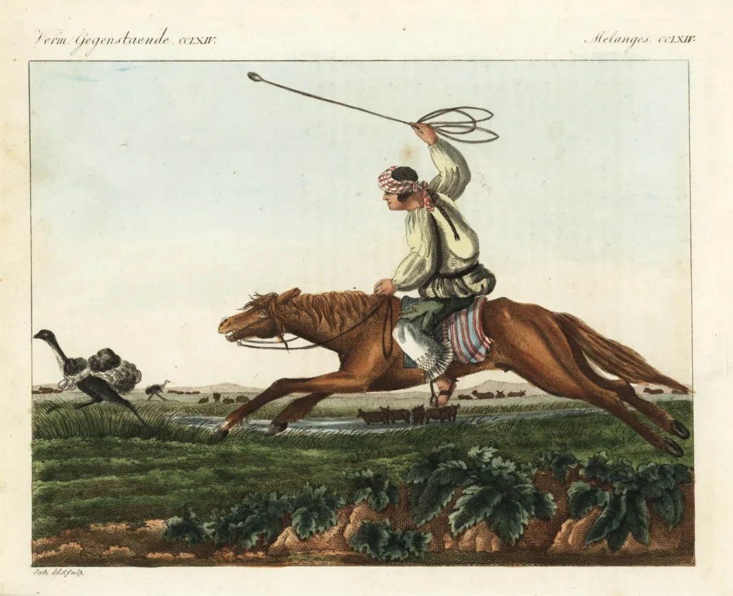 Ilustración de un gaucho a caballo en las pampas argentinas del siglo XIX